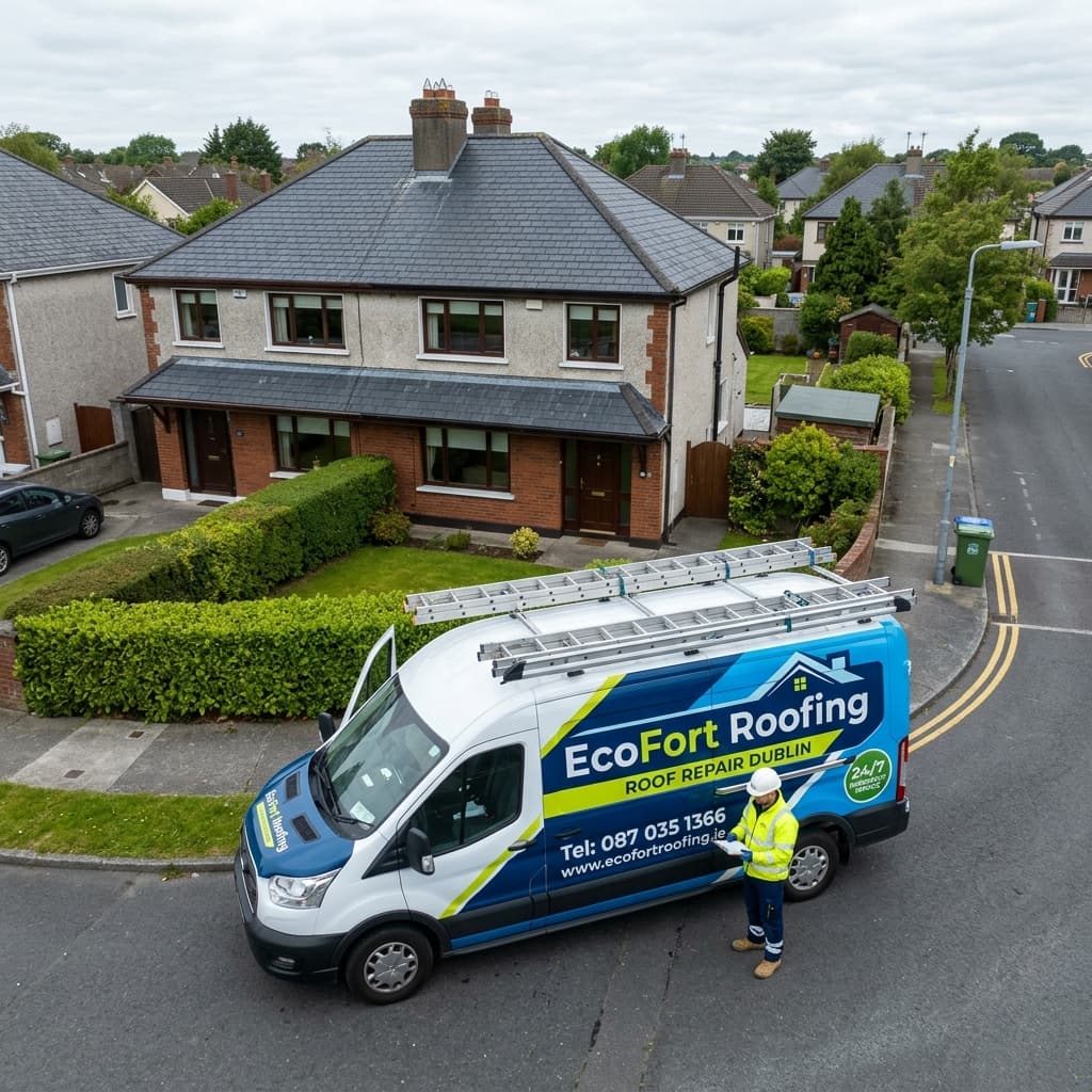 EcoFort Roofing branded van parked in Dublin suburb – professional roof repair service